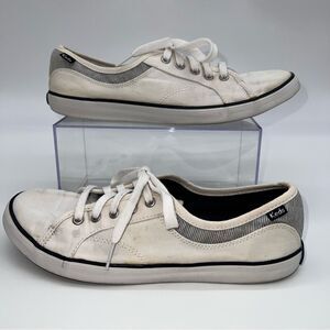 Keds Woman's White Canvas Sneakers with Blue/White Seersucker Backs/Blue Stripe